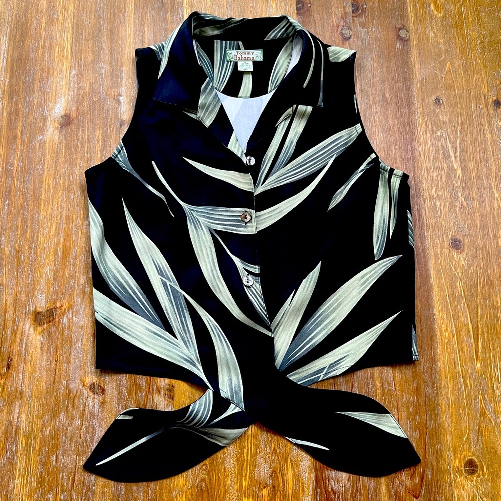 Tommy Bahama Silk Sleeveless Tie Front Top With Tropical Black and Green Design